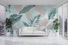 Beige and Green Leaves - Tropical Wallpaper Murals