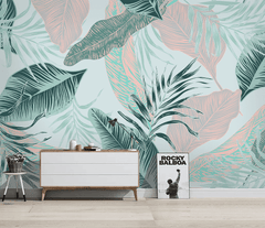 Beige and Green Leaves - Tropical Wallpaper Murals