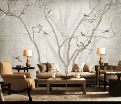 Birds on Tree Trunks Wallpaper Mural