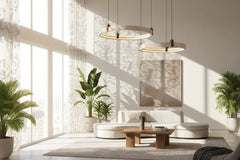 Cave Stone Ring Pendant Chandelier – Polished Steel & Yellow Stone, Warm LED, 1-Year Warranty