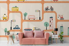 City Roads Car Tracks Nursery Wallpaper