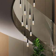 Crystal Cones Staircase Chandelier – Black or Gold, 1 to 30 Heads, 3 Colour Modes