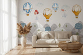 Elephants Hanging from Air Balloons: Kids Nursery Wallpaper