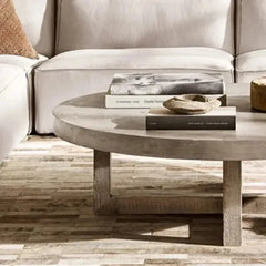 Aged Pine Wood Round Coffee Table – Rustic Solid Wood Designer Table