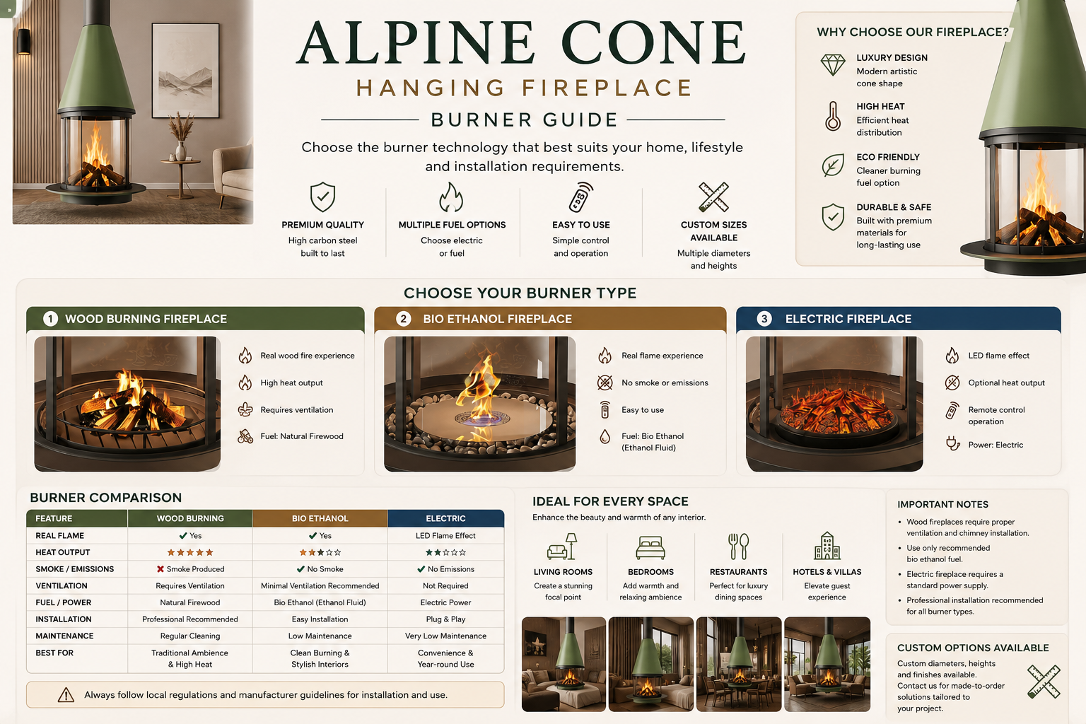 Alpine Cone Suspended Fireplace - Wood, Ethanol & Electric