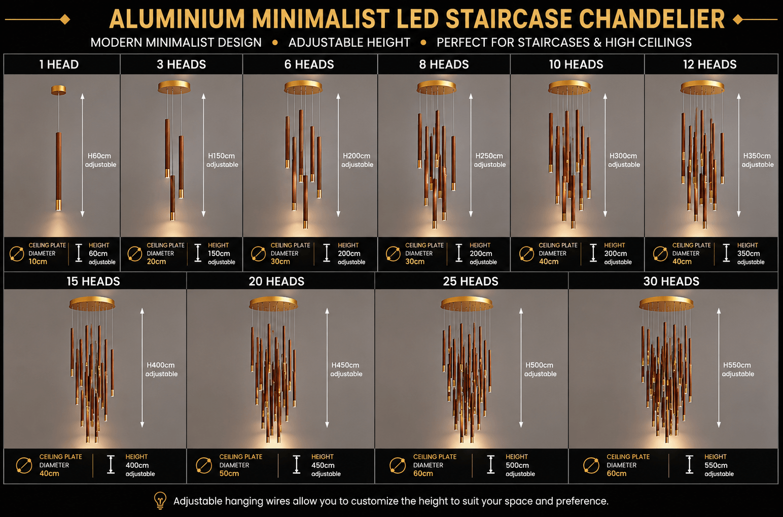 Aluminium Minimalist LED Staircase Chandelier – Coffee Silver or Gold, 1 to 10 Heads, 3 Colour Modes