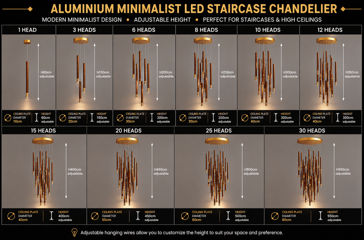 Aluminium Minimalist LED Staircase Chandelier – Coffee Silver or Gold, 1 to 10 Heads, 3 Colour Modes