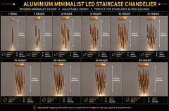 Aluminium Minimalist LED Staircase Chandelier – Coffee Silver or Gold, 1 to 10 Heads, 3 Colour Modes