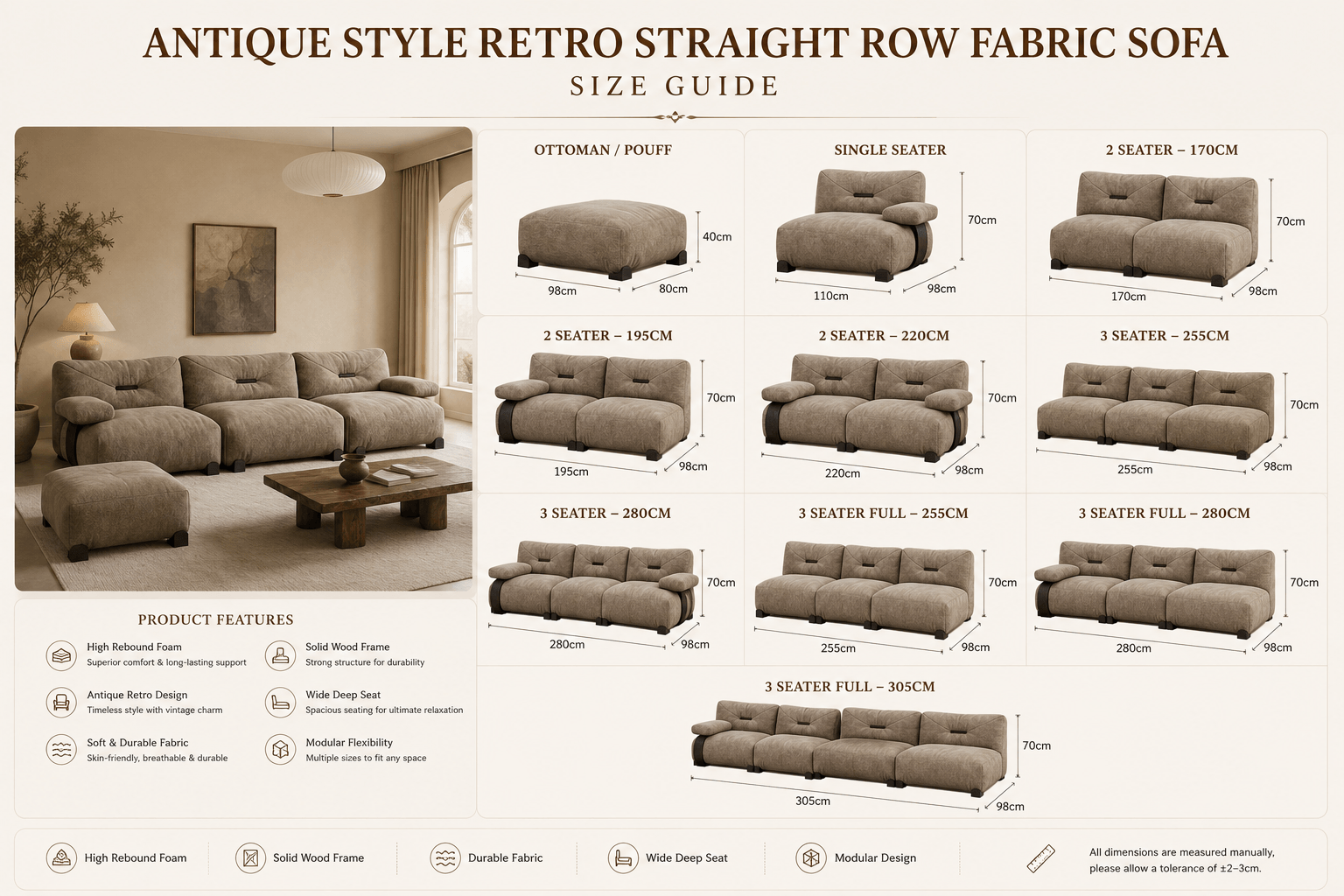 Antique Style Retro Straight Row Fabric Sofa – High Rebound