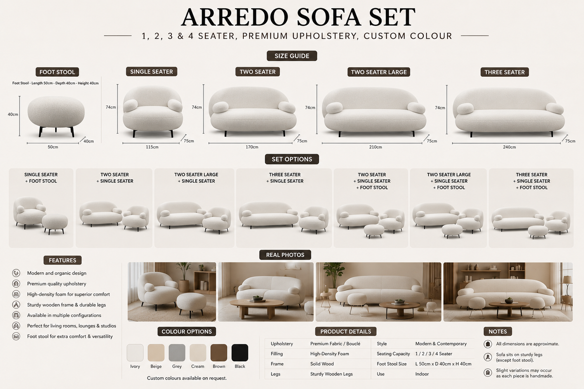 Arredo Sofa Set – 1, 2, 3 & 4 Seater, Premium Upholstery, Custom Colour