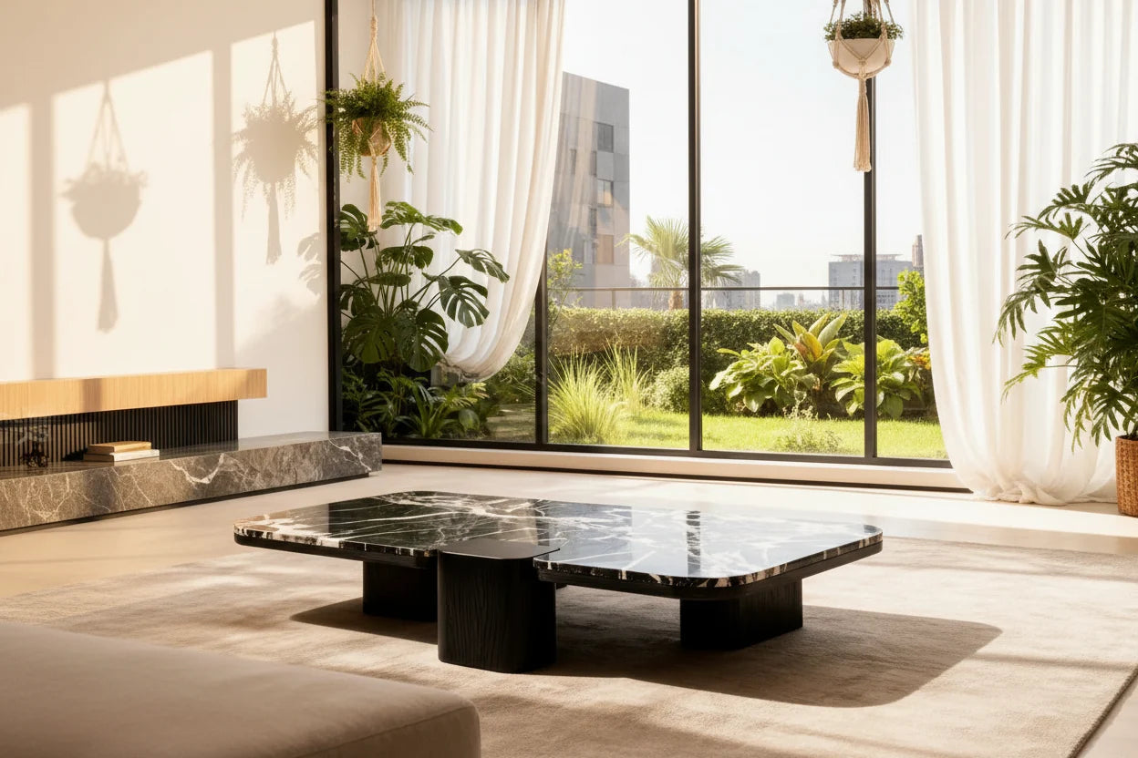 Asymmetric Split-Level Marble Coffee Table – Italian Minimalist Dual-Panel Black Wood Legs