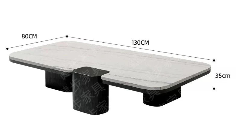 Asymmetric Split-Level Marble Coffee Table – Italian Minimalist Dual-Panel Black Wood Legs