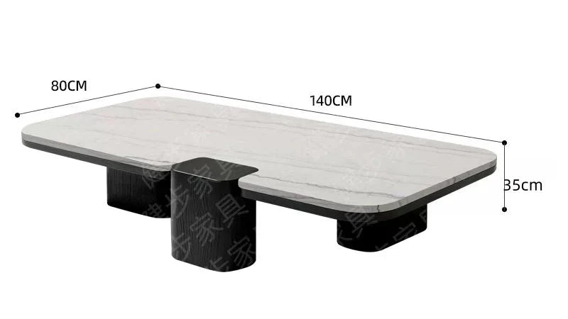 Asymmetric Split-Level Marble Coffee Table – Italian Minimalist Dual-Panel Black Wood Legs