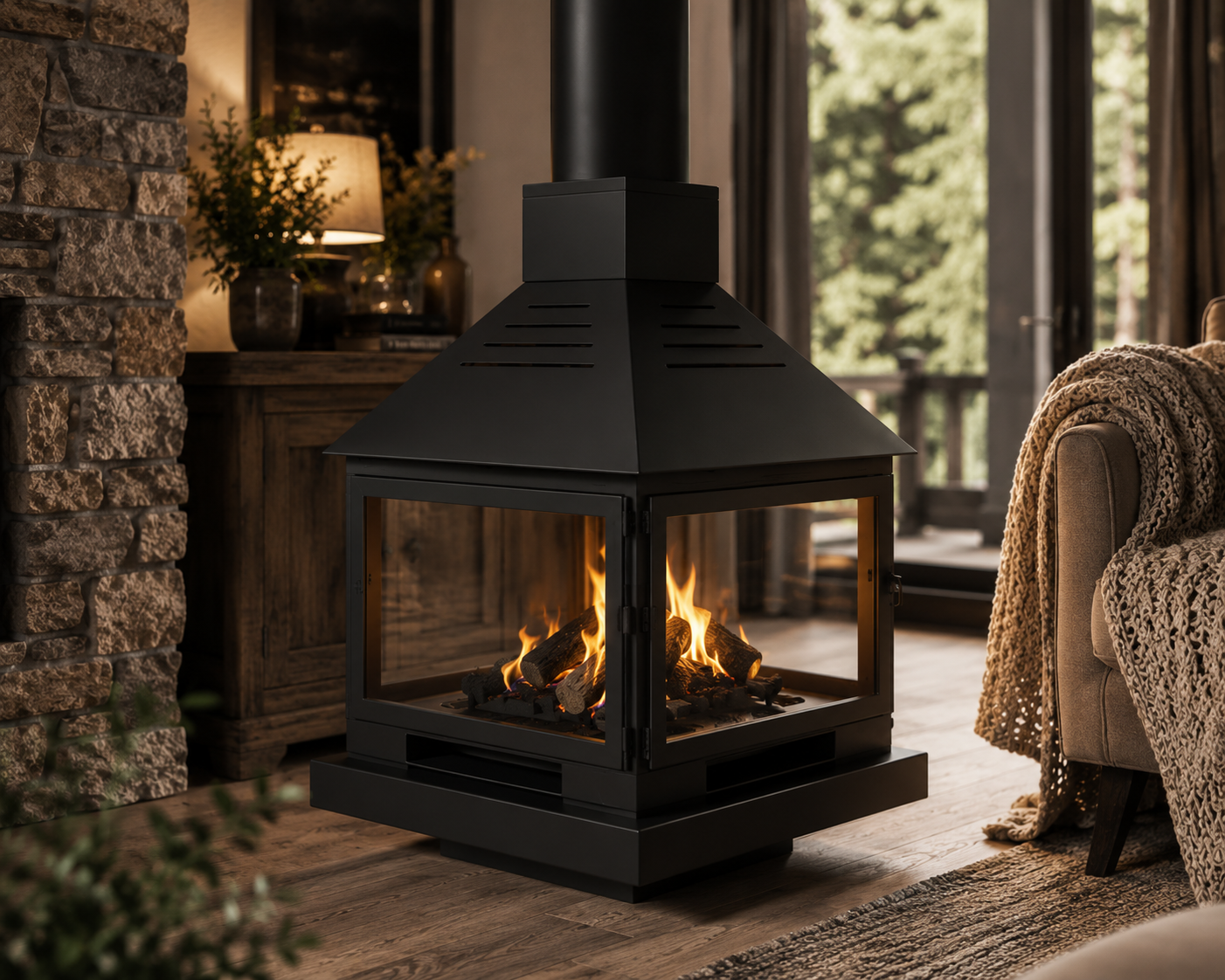 Aurora Pavilion Four-Sided Freestanding Fireplace