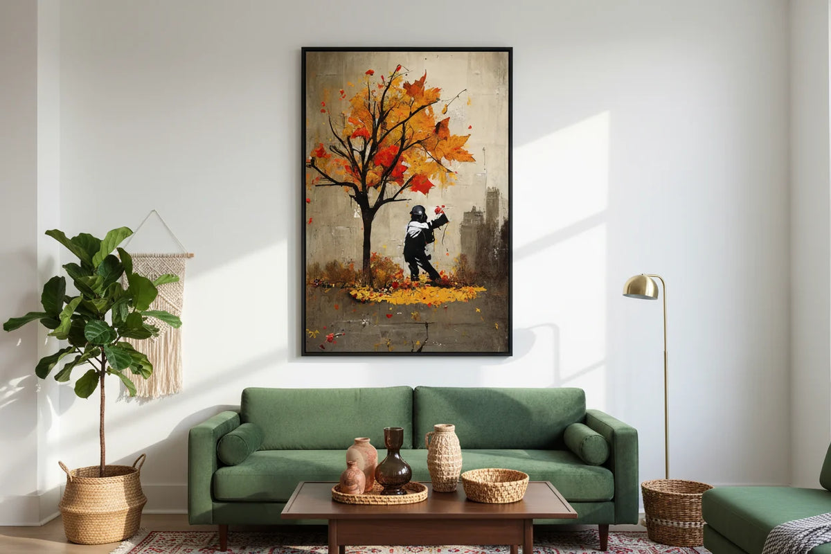 Banksy Child in Riot Gear Throwing Autumn Leaves Graffiti Street Art