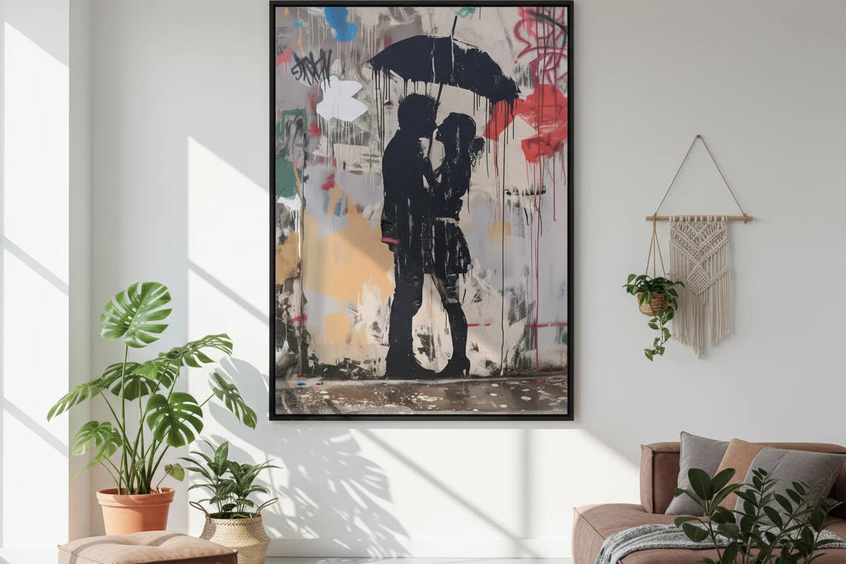 Banksy Couple Kissing Under Umbrella Graffiti Street Art Canvas Wall Art Print