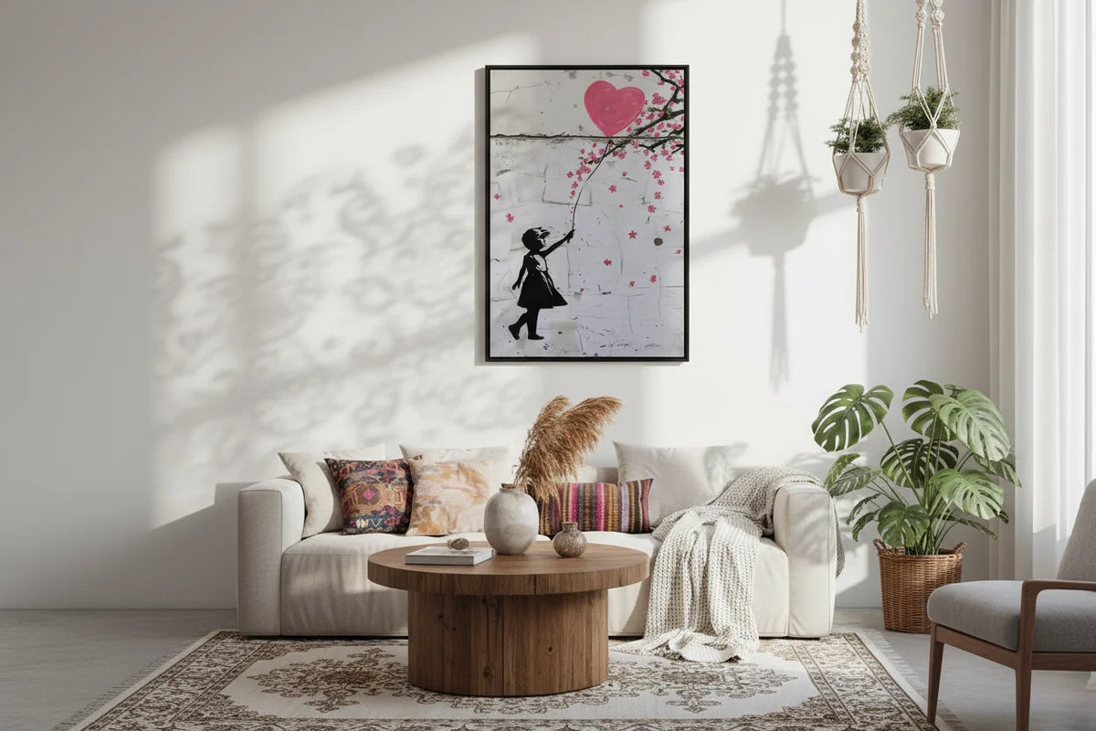 Banksy Girl with Cherry Blossom Heart Balloon Graffiti Street Art Canvas Wall Art Print