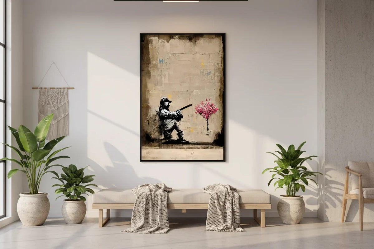 Banksy Inspired Riot Officer Swinging at Cherry Blossom Canvas Wall Art