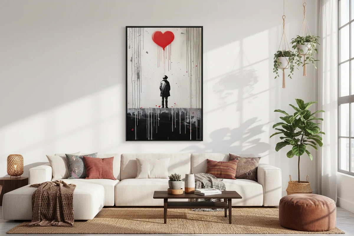 Banksy Lone Figure Gazing at Dripping Red Heart Graffiti Street Art Canvas Wall Art Print