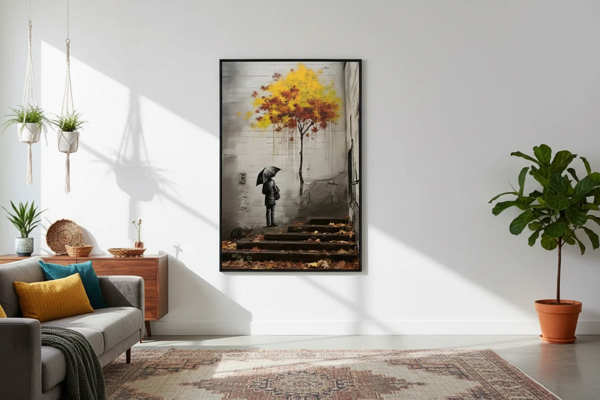 Banksy Lone Figure with Umbrella by Autumn Tree Graffiti Street Art Canvas Wall Art