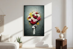Banksy Man with Giant Flower Bouquet Head Graffiti Street Art