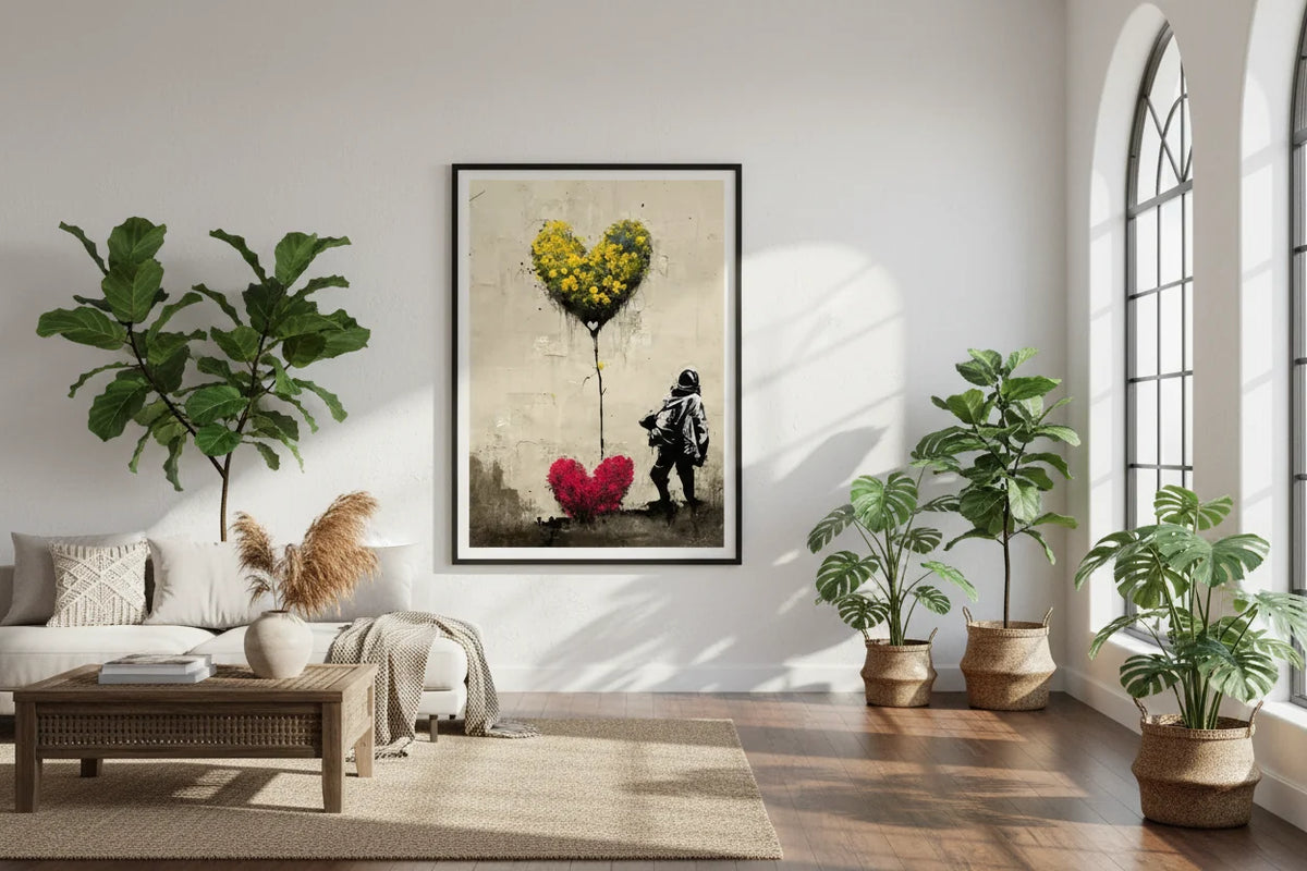 Banksy Soldier with Floral Heart Balloon and Red Heart Graffiti Street Art