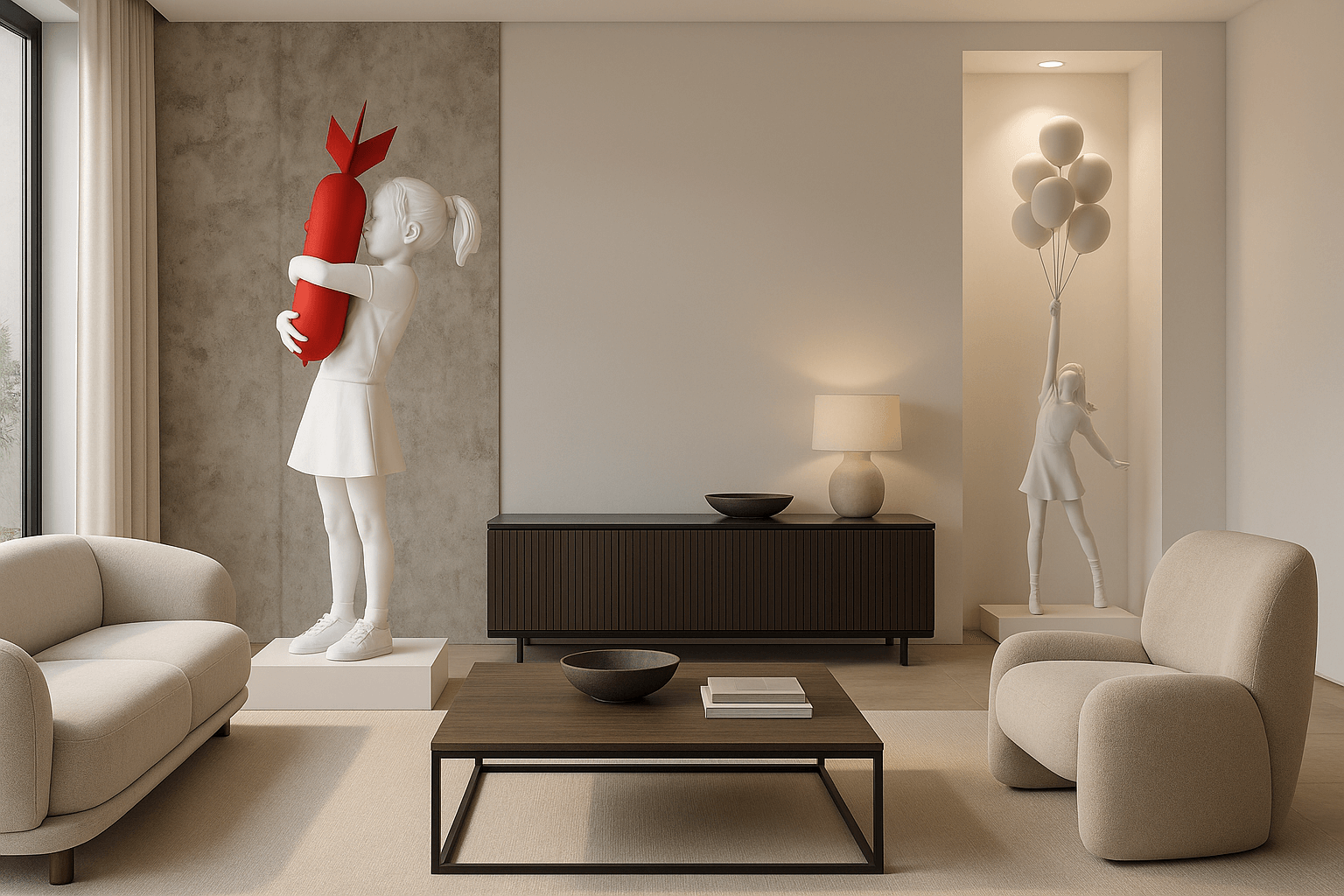 Banksy Bomb Hugger Girl Statue – Street Art Sculpture | 58cm, 100cm, 150cm, 200cm & 250cm | White, Black & Gold