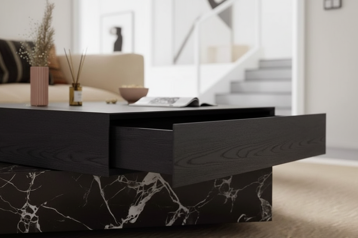 Black Rose Marble Rotatable Coffee Table – Stacked Offset Slab Italian Minimalist