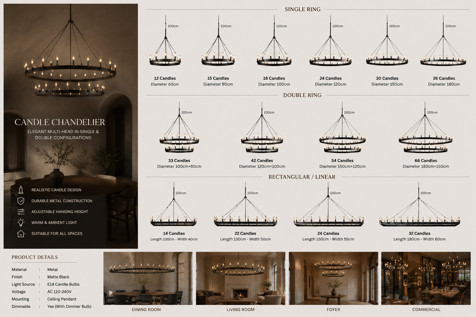 Candle Chandelier – Elegant Multi-Head in Single & Double Configurations