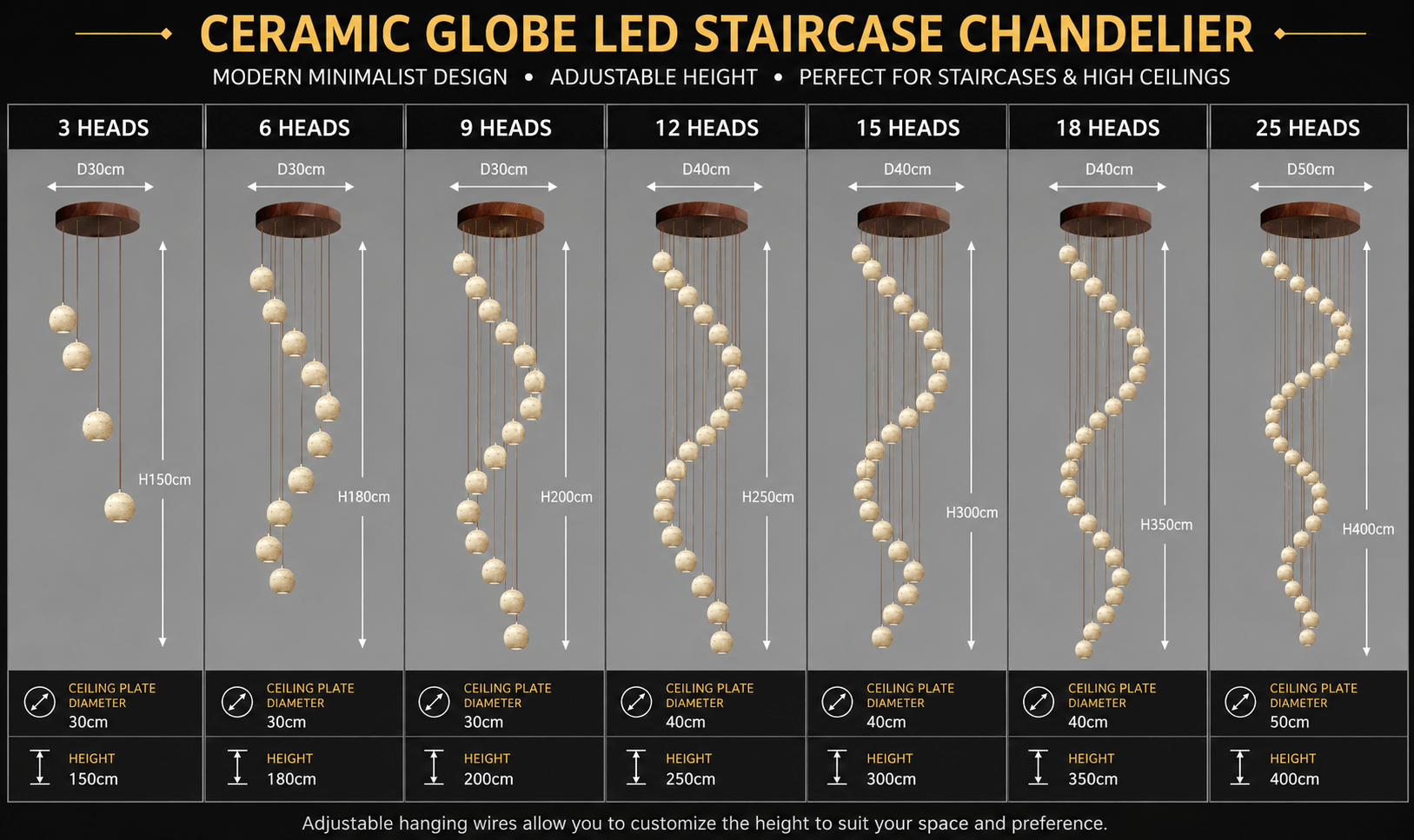 Ceramic Globe LED Staircase Chandelier – Stone Finish, 3 to 25 Heads, Warm, Neutral & Cool White