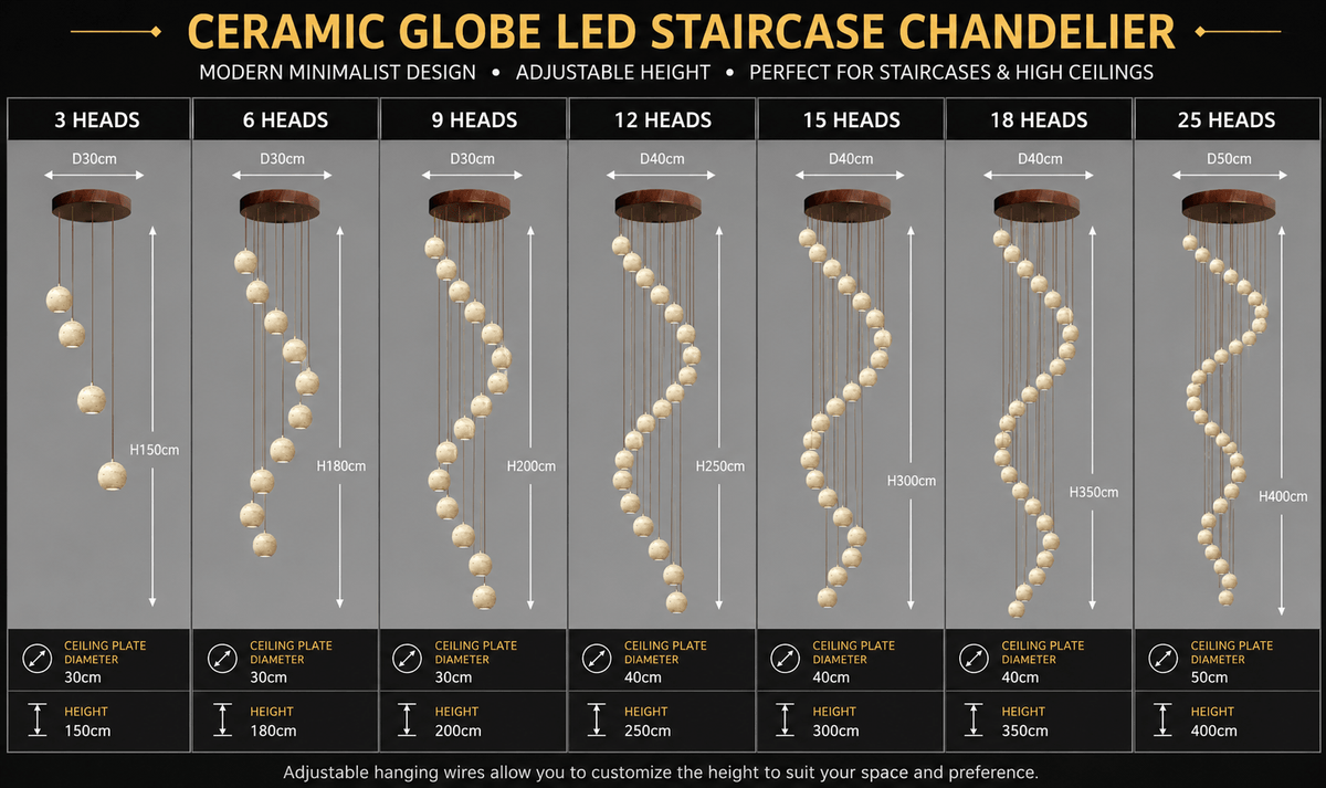 Ceramic Globe LED Staircase Chandelier – Stone Finish, 3 to 25 Heads, Warm, Neutral & Cool White