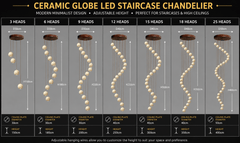 Ceramic Globe LED Staircase Chandelier – Stone Finish, 3 to 25 Heads, Warm, Neutral & Cool White