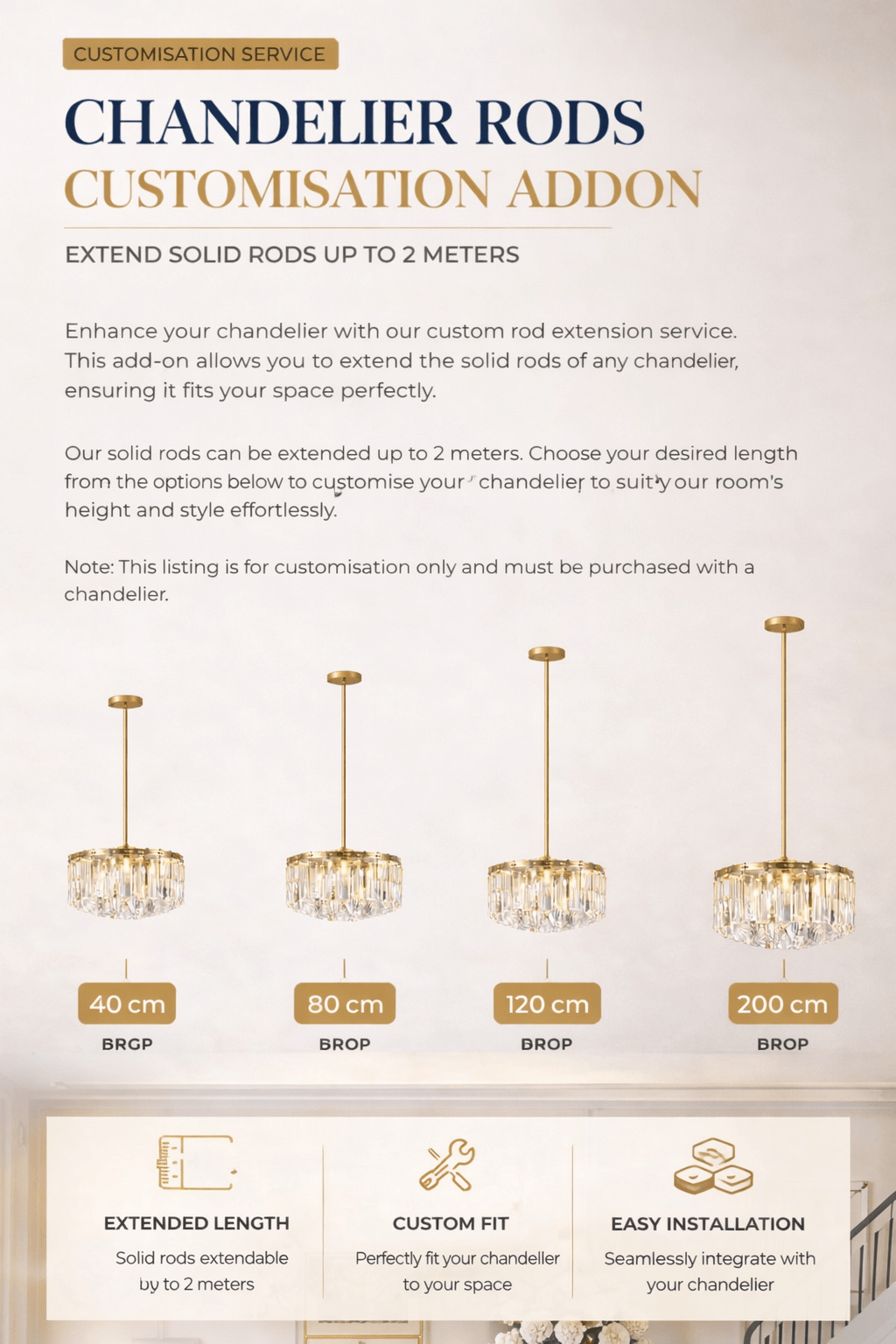 Chandelier Rod Extension Customisation Addon Adjustable Rod Length Up to 2m