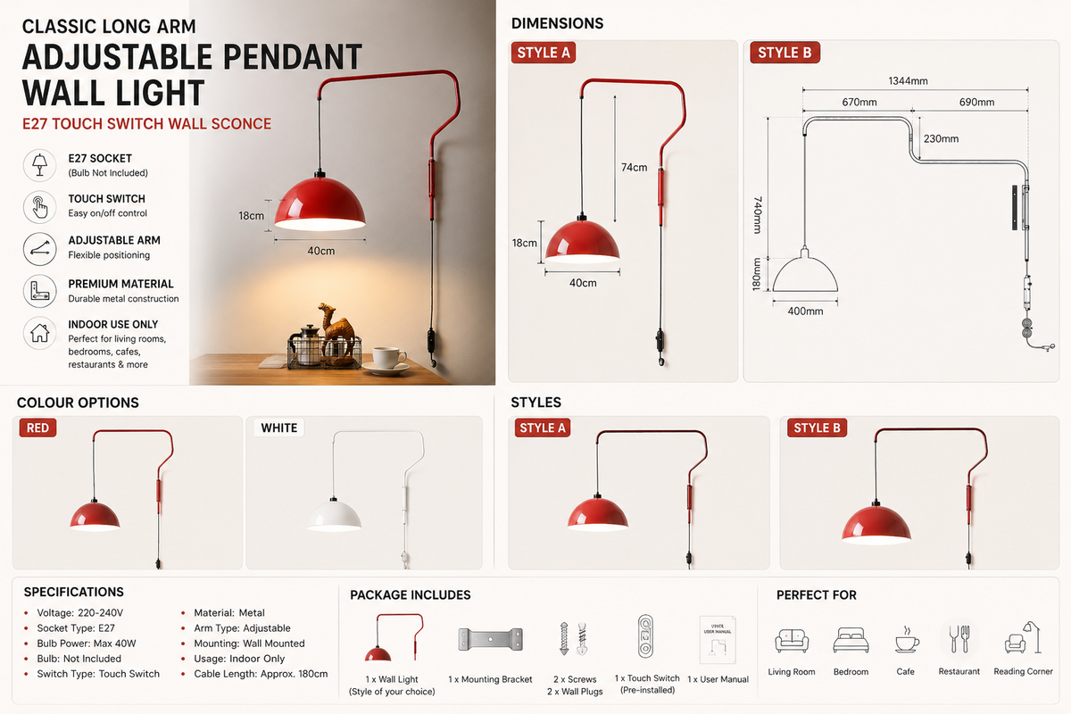 Classic Long Arm Adjustable Pendant Wall Light – E27 Touch Switch Wall Sconce