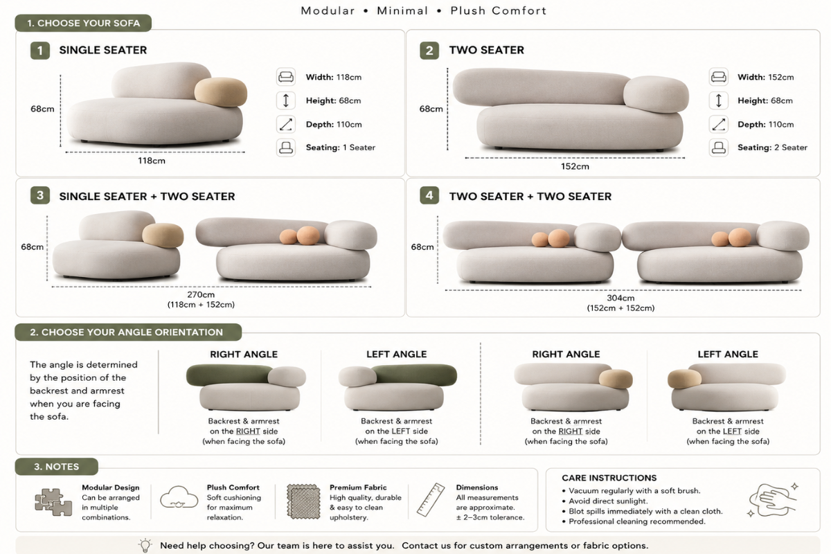 Cloud Puff Designer Sofa Set – Single (118cm) & 2-Seater (152cm), Plush Cushioning