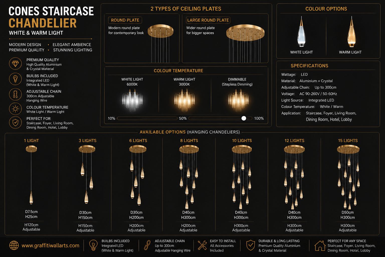 Cones Staircase Chandelier – 1 to 15 Lights in White & Warm Light