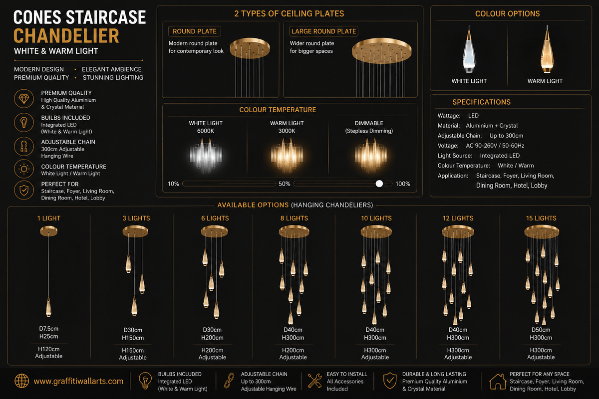 Cones Staircase Chandelier – 1 to 15 Lights in White & Warm Light