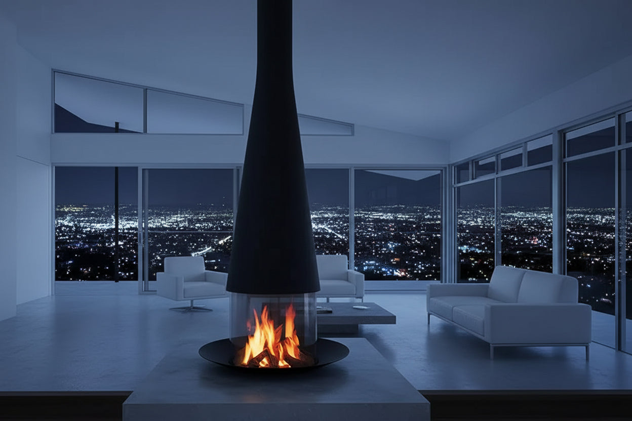 Conical Suspended Fireplace – Ceiling Hung Real Flame Designer Fireplace