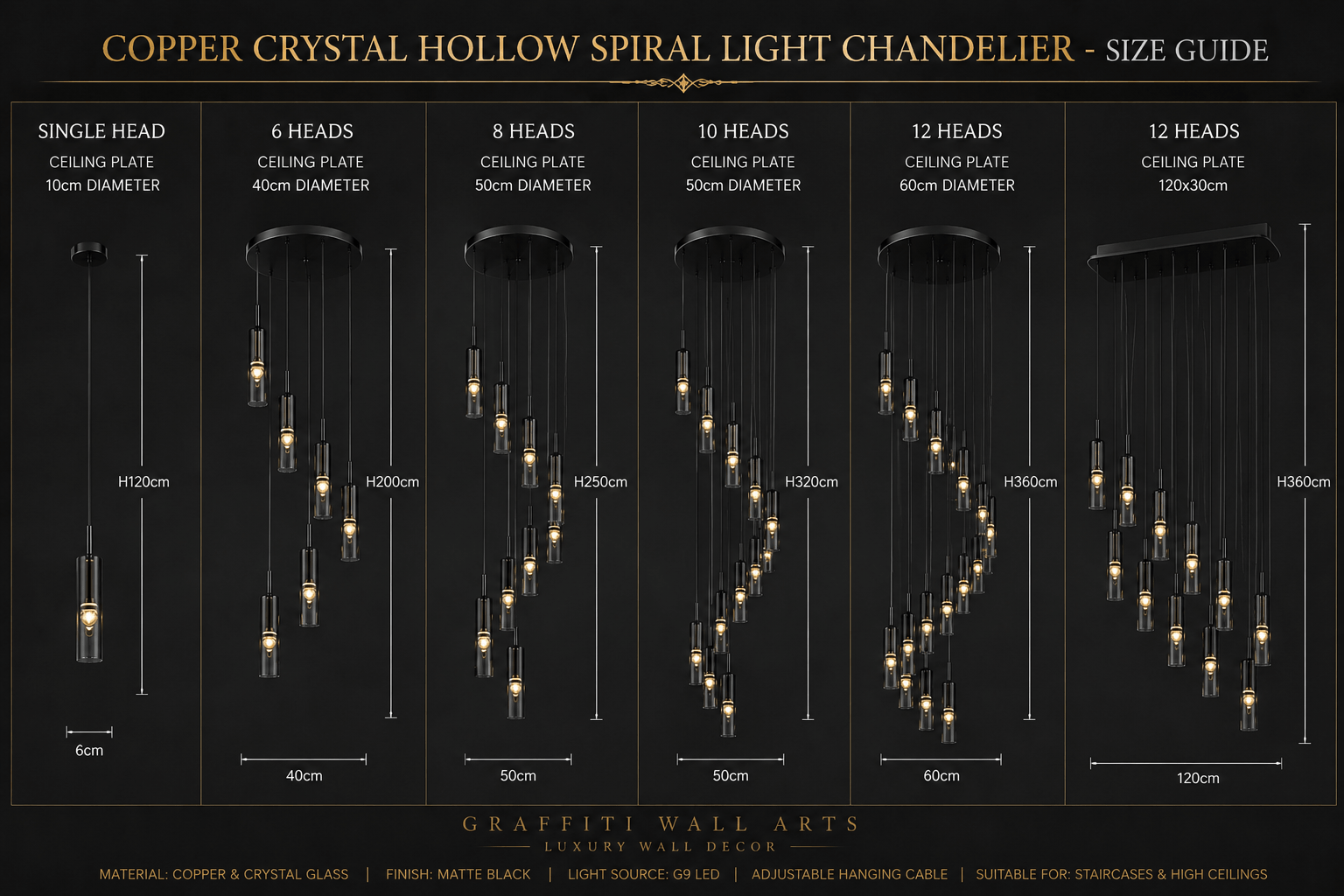 Copper Crystal Hollow Spiral Staircase Chandelier – Luxury Modern LED, 1 to 12 Heads