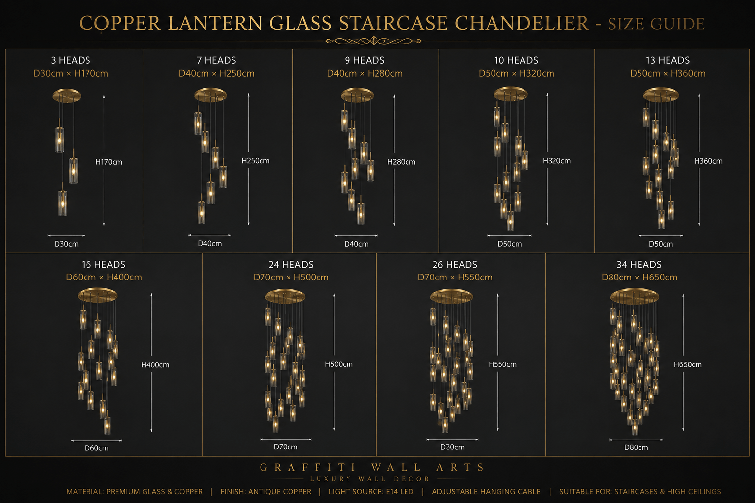 Copper Lantern Glass Staircase Chandelier – Vintage LED Pendant, 3 to 34 Heads