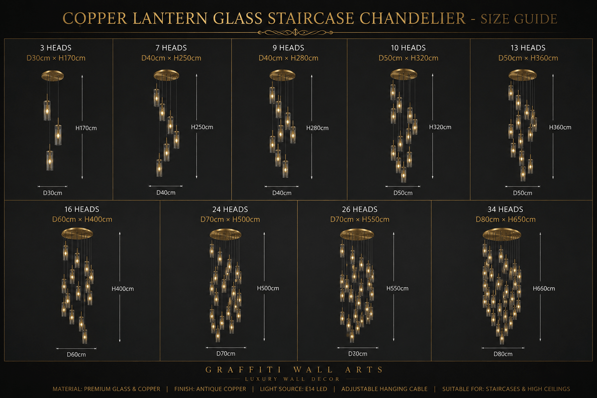 Copper Lantern Glass Staircase Chandelier – Vintage LED Pendant, 3 to 34 Heads
