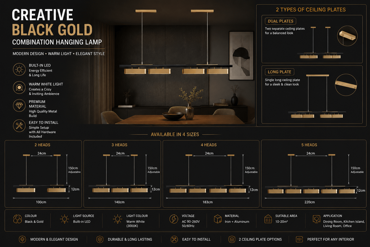 Creative Black Gold Combination Hanging Lamp – LED Pendant