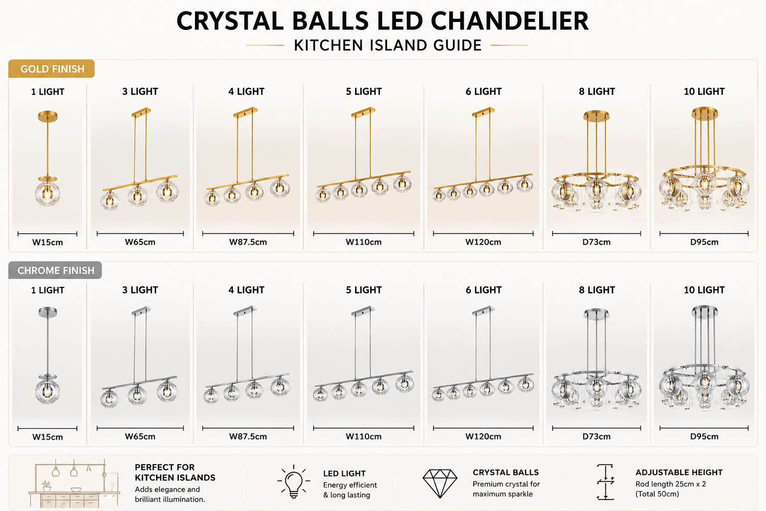 Crystal Balls LED Chandelier for Kitchen Island – Gold & Chrome, 1 to 10 Lights