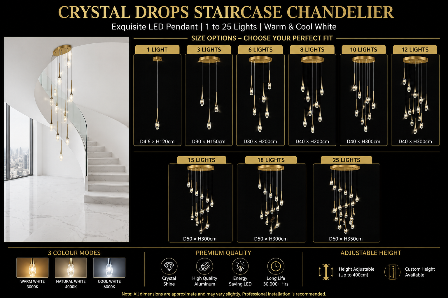 Crystal Drops Staircase Chandelier – Exquisite LED Pendant, 1 to 25 Lights, Warm & Cool White