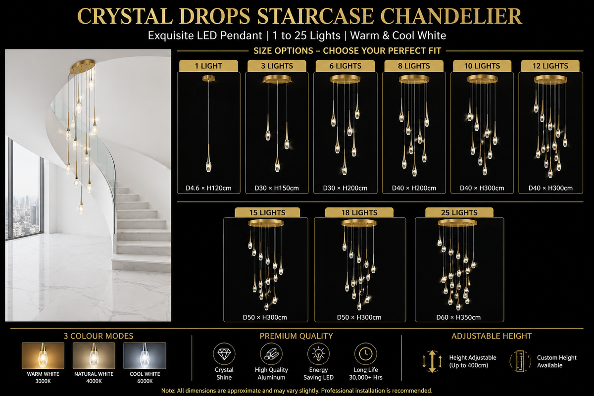 Crystal Drops Staircase Chandelier – Exquisite LED Pendant, 1 to 25 Lights, Warm & Cool White