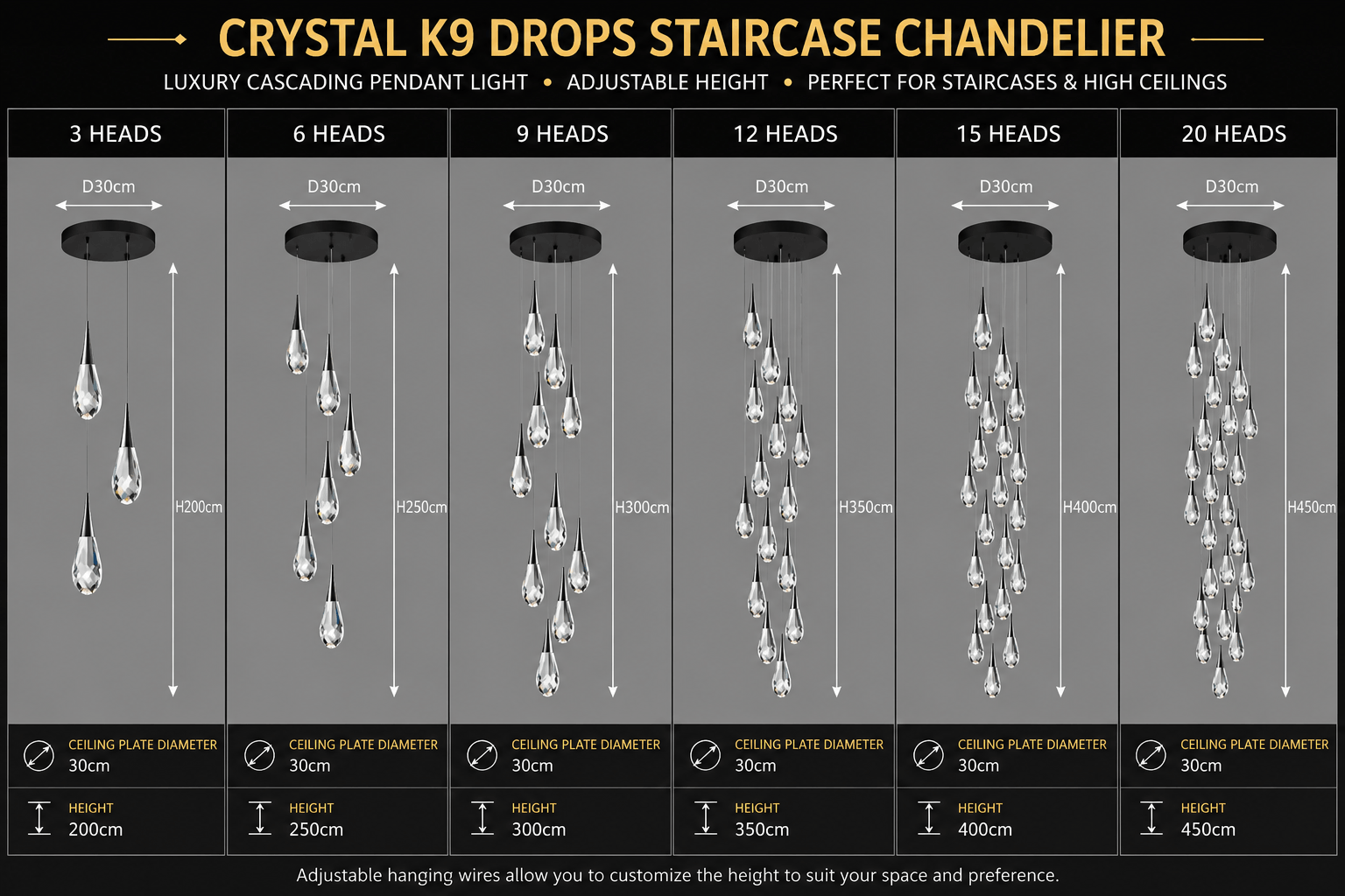 Crystal K9 Drops Staircase Chandelier – Luxury Cascading Pendant Light
