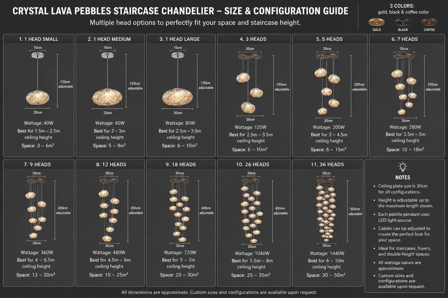 Crystal Lava Pebbles Staircase Chandelier – Alloy LED Pendant, 1 to 9 Heads, 4 Colour Modes