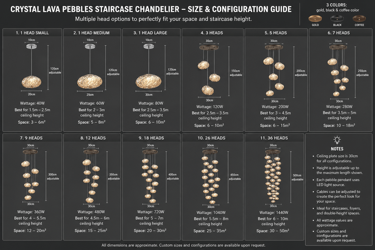 Crystal Lava Pebbles Staircase Chandelier – Alloy LED Pendant, 1 to 9 Heads, 4 Colour Modes