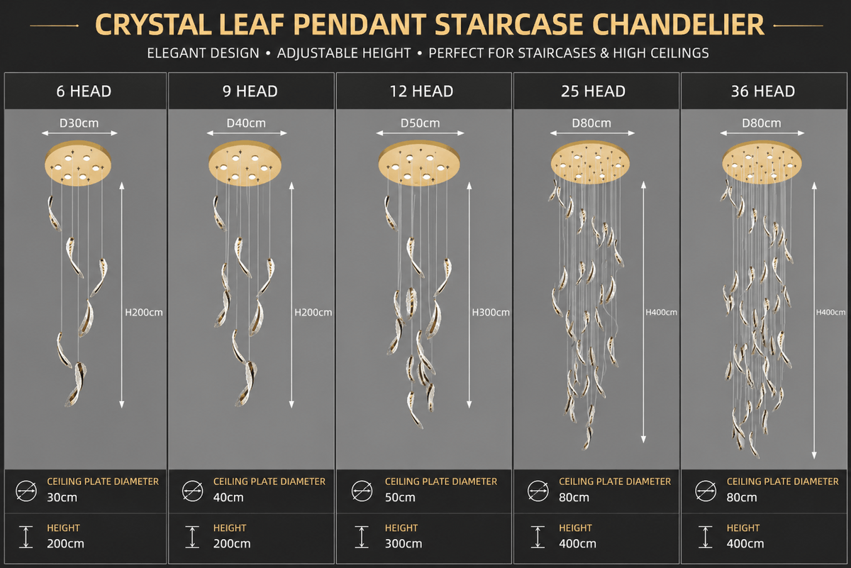Crystal Leaf Pendant Staircase Chandelier – Luxury Crystal LED, 6 to 36 Heads