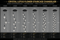 Crystal Lotus Flower Staircase Chandelier – Luxury Multi-Head LED Pendant, 3 to 20 Heads